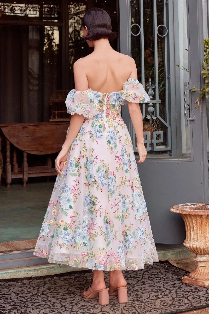 Robe Weitese sans bretelles longueur thé, robe de soirée romantique à imprimé floral, robe de bal trapèze sans manches